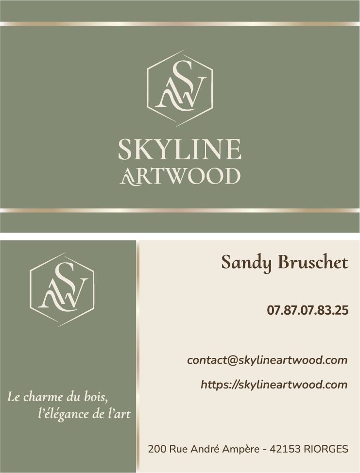 Carte de visite Skyline Artwood, identité visuelle artisanale créée à Riorges pour une marque de bijoux et objets en bois.