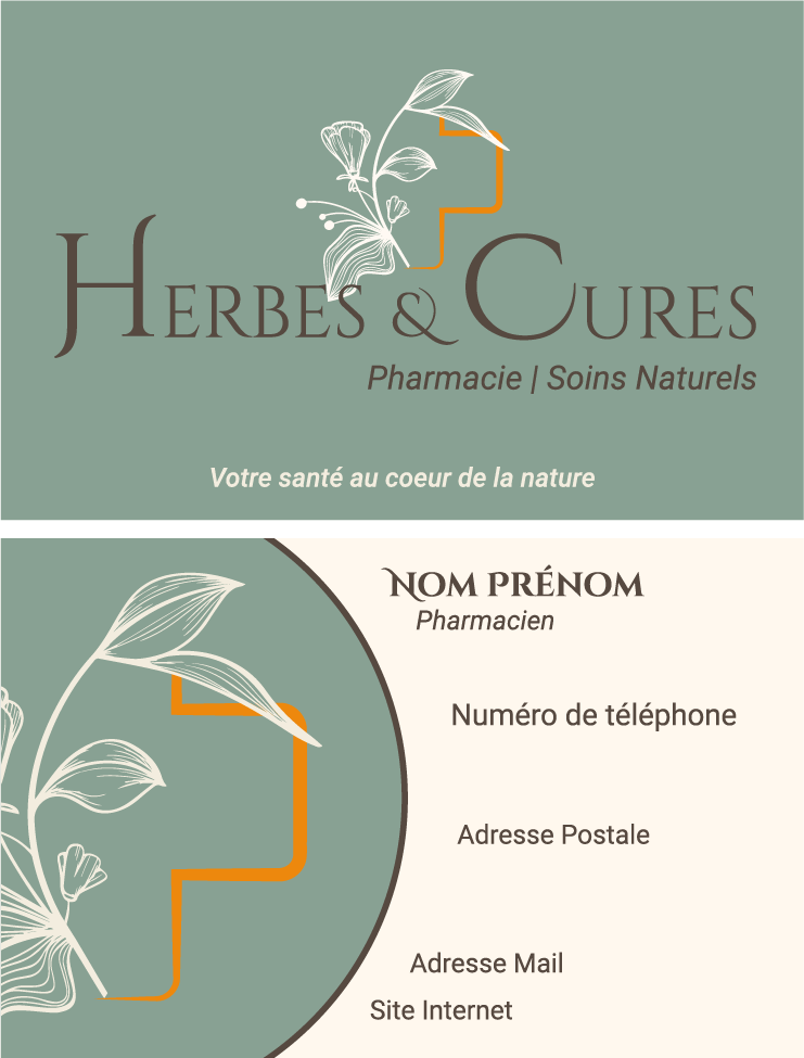 Identité visuelle pour une pharmacie naturelle Herbes et Cures avec logo et carte de visite au design végétal-graphiste à riorges